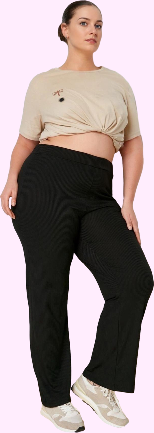 Kadın Düz Desen Regular Örme Pantolon Yüksek Bel Kaşkorse Dokuma Günlük Yaz Aylarının Vazgeçilmezi