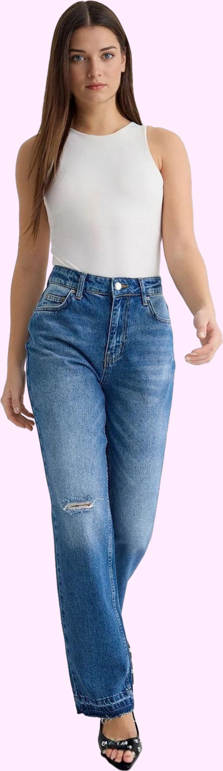 Kadın Denim Yüksek Bel Yırtık Detaylı Straight Jean Günlük Hafta Sonu Yaz Aylarının Vazgeçilmezi