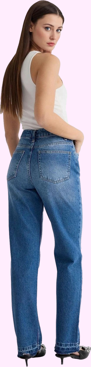 Kadın Denim Yüksek Bel Yırtık Detaylı Straight Jean Günlük Hafta Sonu Yaz Aylarının Vazgeçilmezi