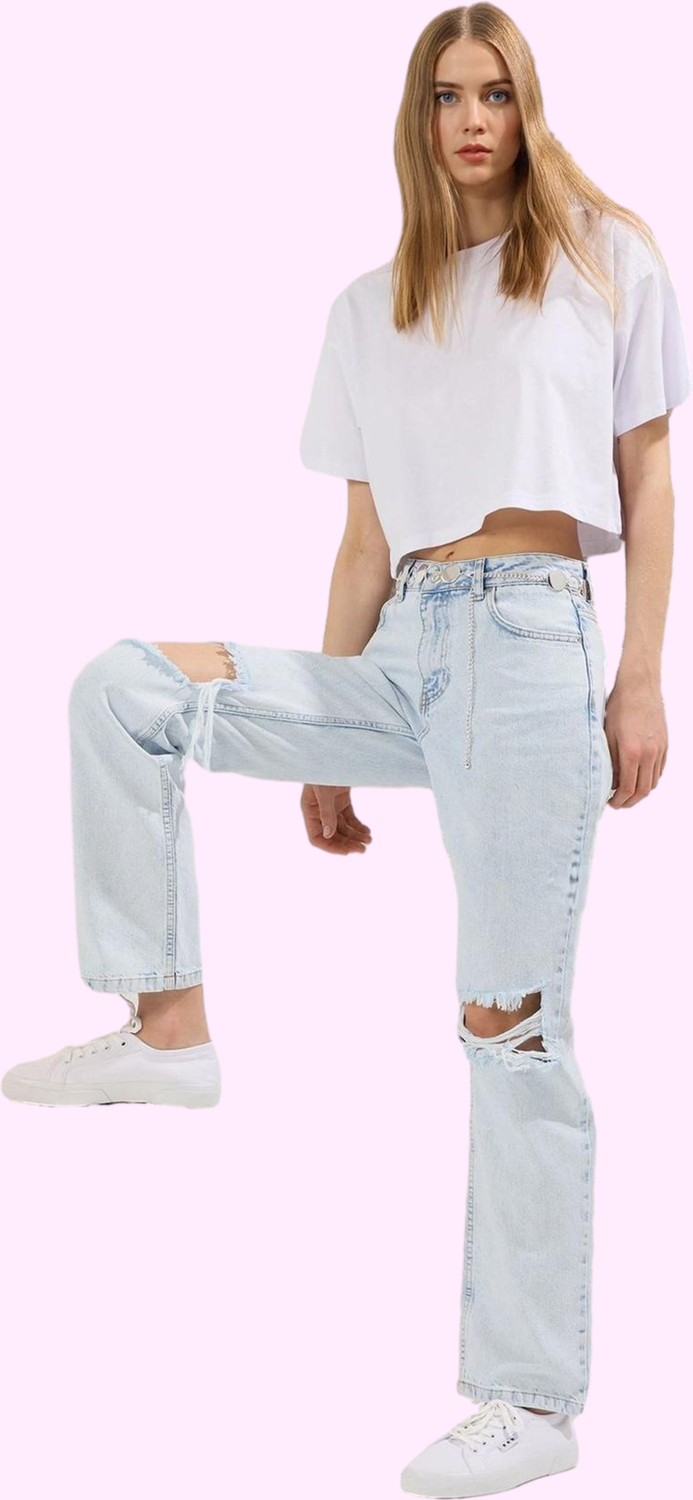 Kadın Pamuk Denim Geniş Paça Uzun Boy Jean Pantolon; Yırtık Detaylı; Günlük Kullanım Hafta Sonu