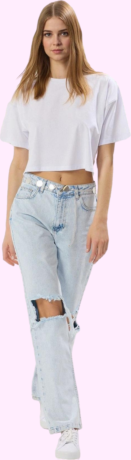 Kadın Pamuk Denim Geniş Paça Uzun Boy Jean Pantolon; Yırtık Detaylı; Günlük Kullanım Hafta Sonu