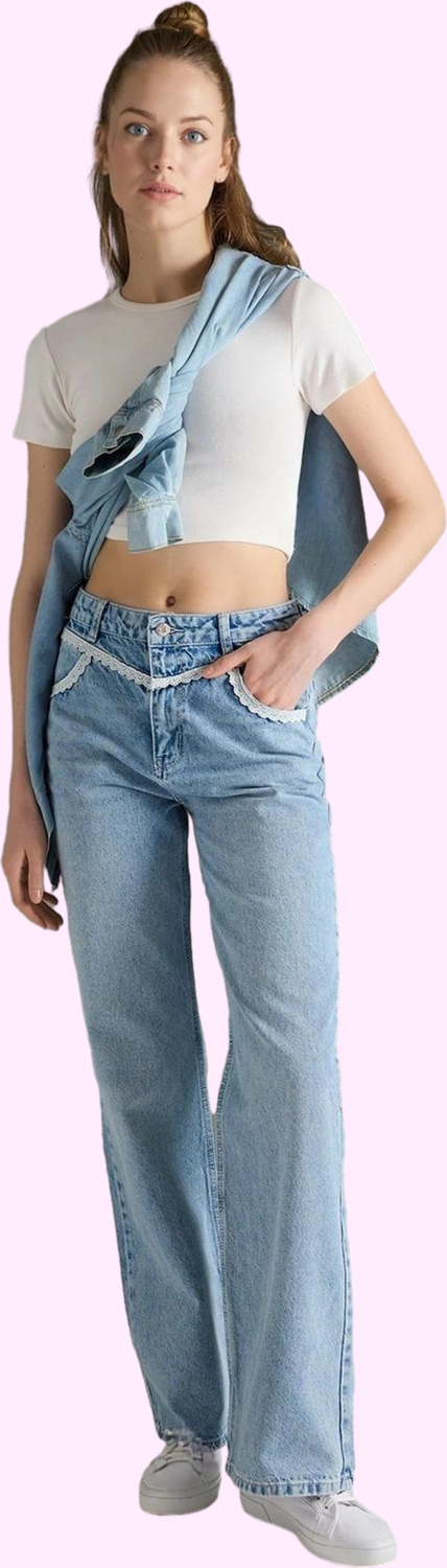 Kadın Denim Geniş Paça Pantolon Rahat Kesim Pamuk Günlük Hafta Sonu Yaz Aylarının Vazgeçilmezi