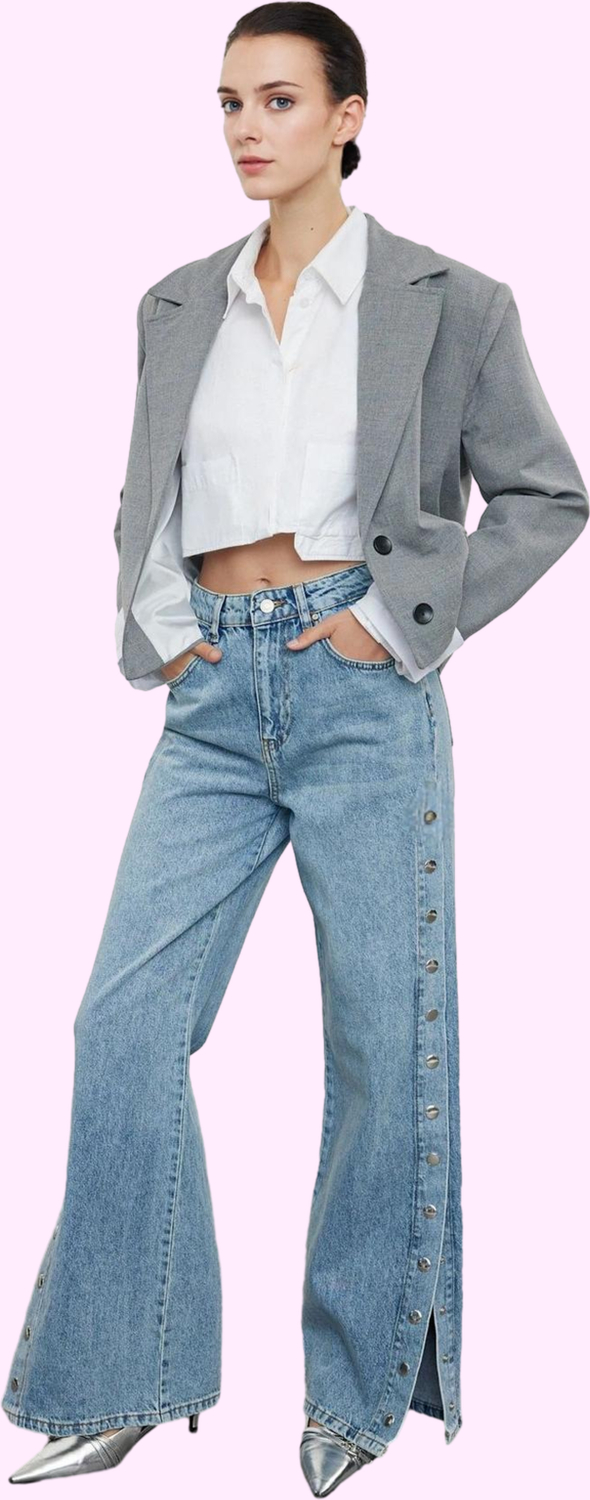 Kadın Care Koleksiyonu Pamuk Denim Pantolon Yüksek Bel Geniş Paça Casual Stil Günlük Kullanım