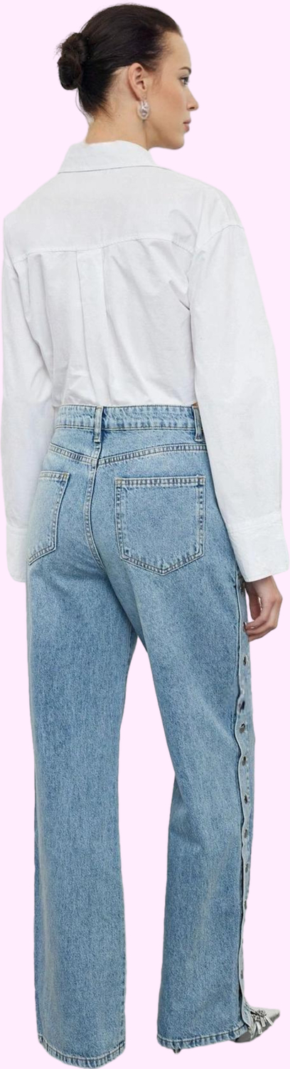 Kadın Care Koleksiyonu Pamuk Denim Pantolon Yüksek Bel Geniş Paça Casual Stil Günlük Kullanım