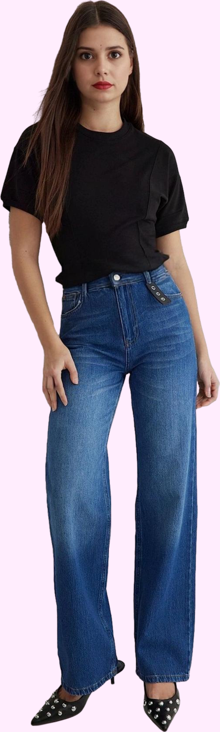 Kadın Yüksek Bel Bol Kesim Denim Pantolon Fonksiyonel Dayanıklı Kaliteli Konforlu Estetik Şık