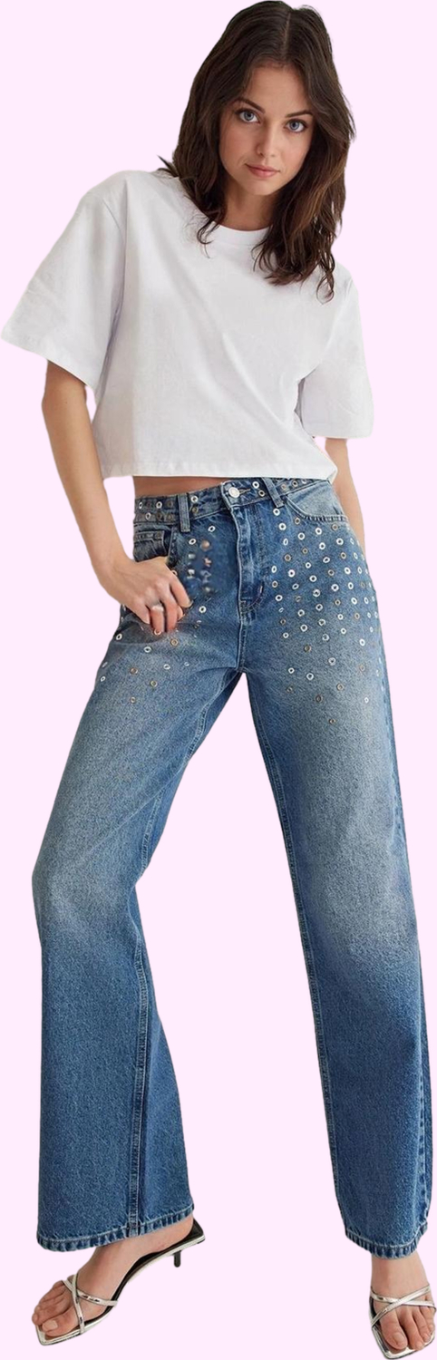 Kadın Denim Kuşgözü Detaylı Pamuk Wide Leg Jean Günlük Ve İş Hayatına Uygun Modern Tasarım