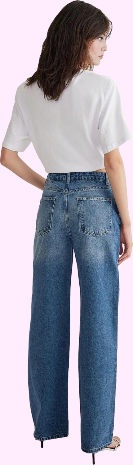 Kadın Denim Kuşgözü Detaylı Pamuk Wide Leg Jean Günlük Ve İş Hayatına Uygun Modern Tasarım