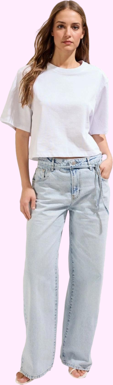 Kadın Denim Wide Leg Pantolon Düşük Bel Kuşaklı Pamuk Günlük Hafta Sonu Yaz Aylarının Vazgeçilmezi
