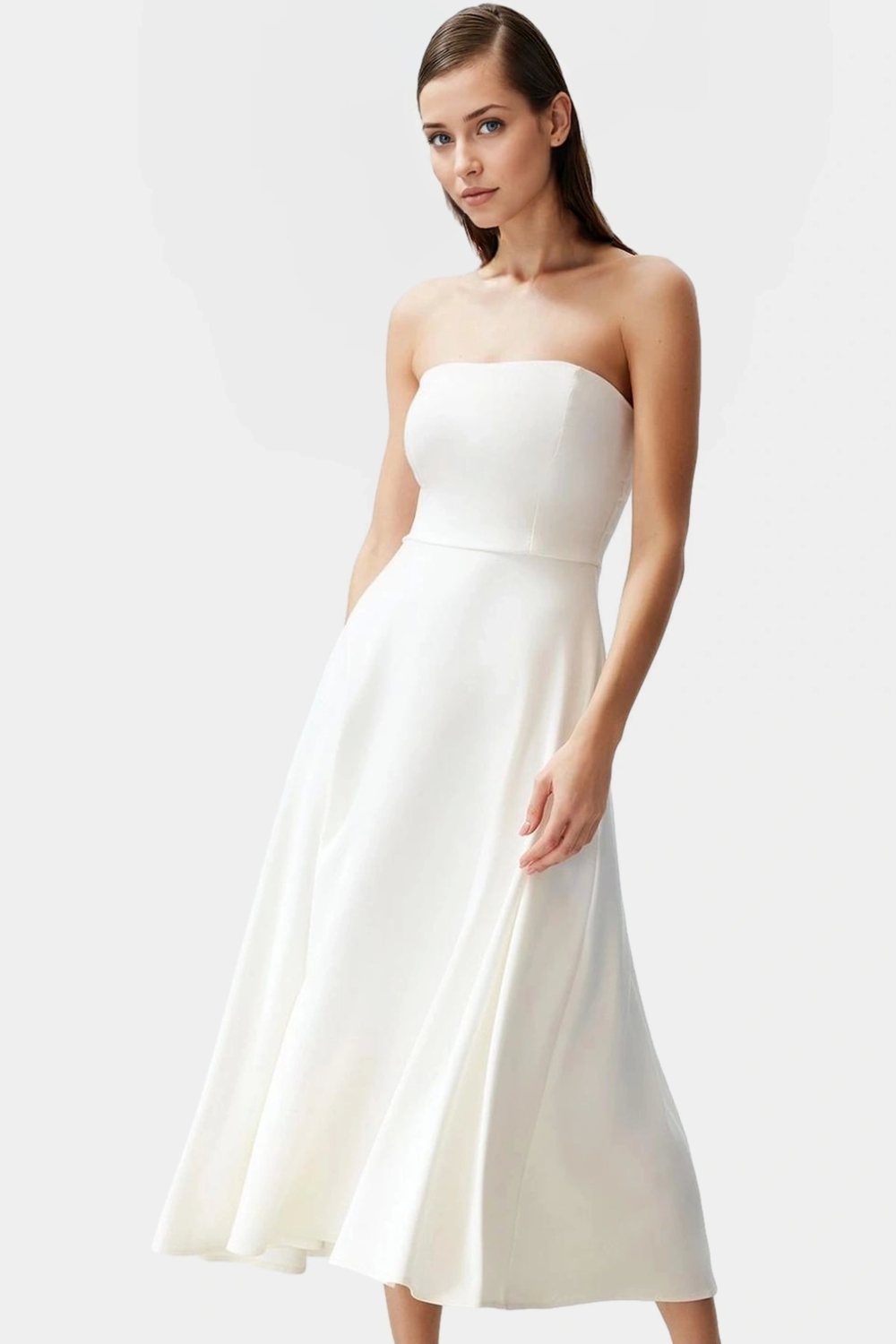 Şık A Kesim Straplez Midi Elbise Finike Dokuma Polyester Elastan Konforlu Kesim Rahat Ve Şık