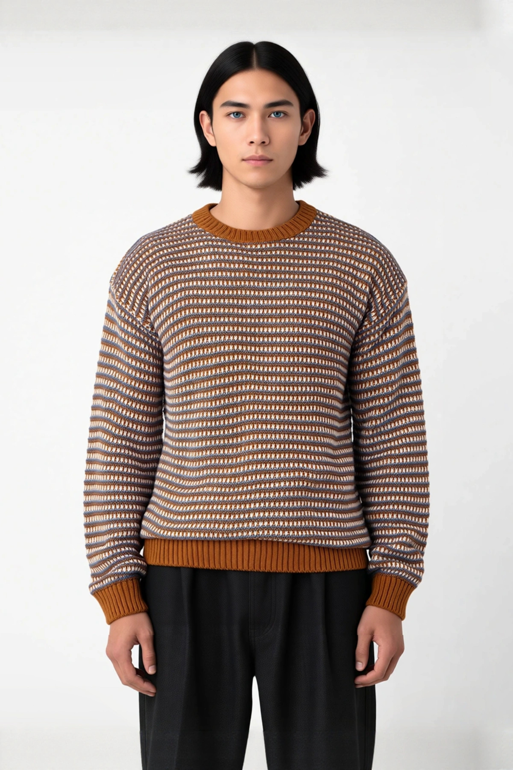 Erkek Casual Bisiklet Yaka Çizgili Dokuma Akrilik Kazak Günlük Kullanım İçin İdeal Uzun Kollu