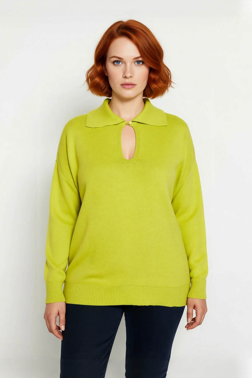 Kadın Akrilik Relaxed Fit Düz Triko Kazak Polo Yaka Detaylı Uzun Kollu Modern Casual Giyim
