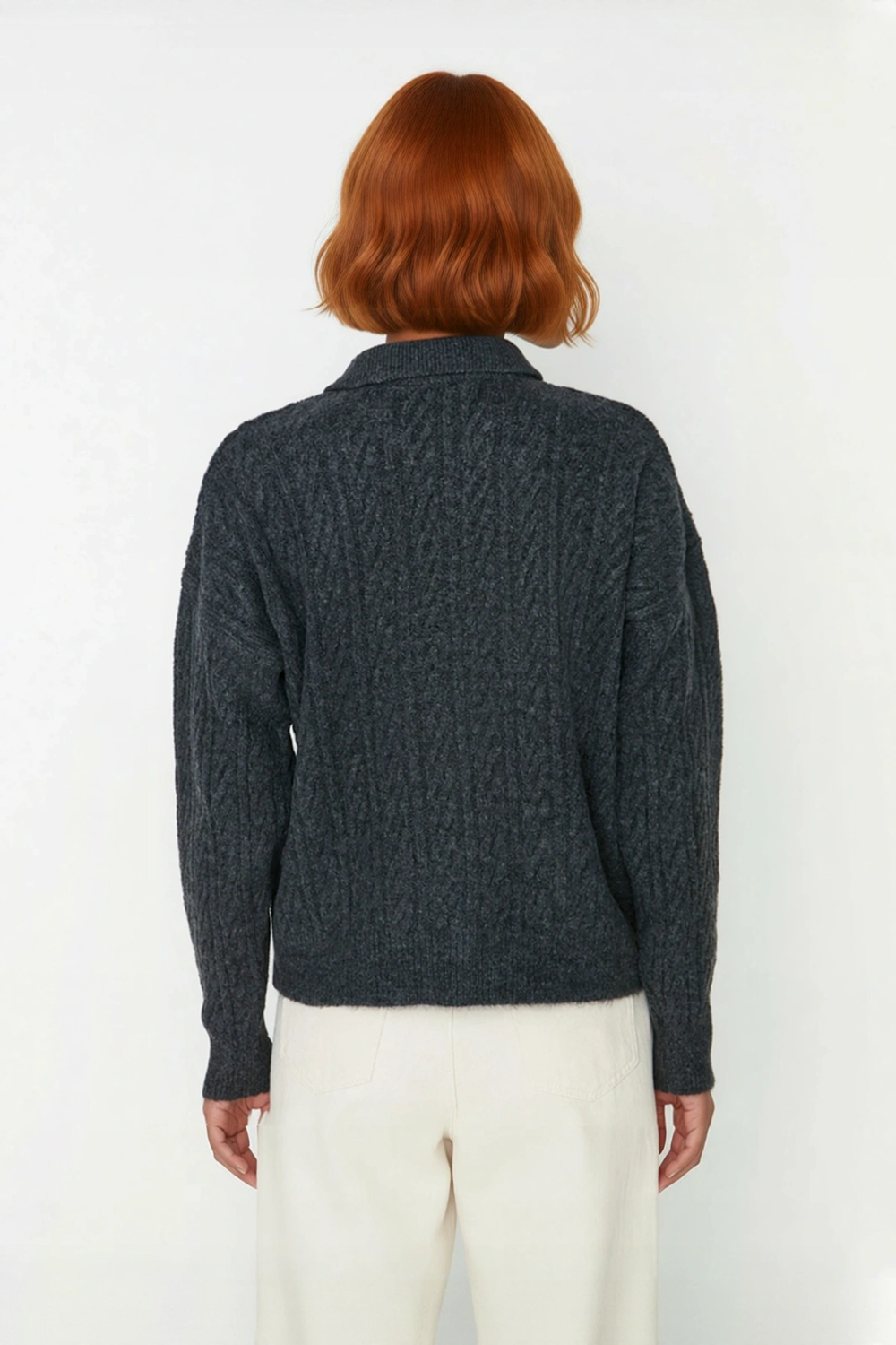 Kadın Oversize Triko Polo Yaka Saç Örgü Düşük Kollu Rahat Kışlık Basic Stil Kazak Kaliteli