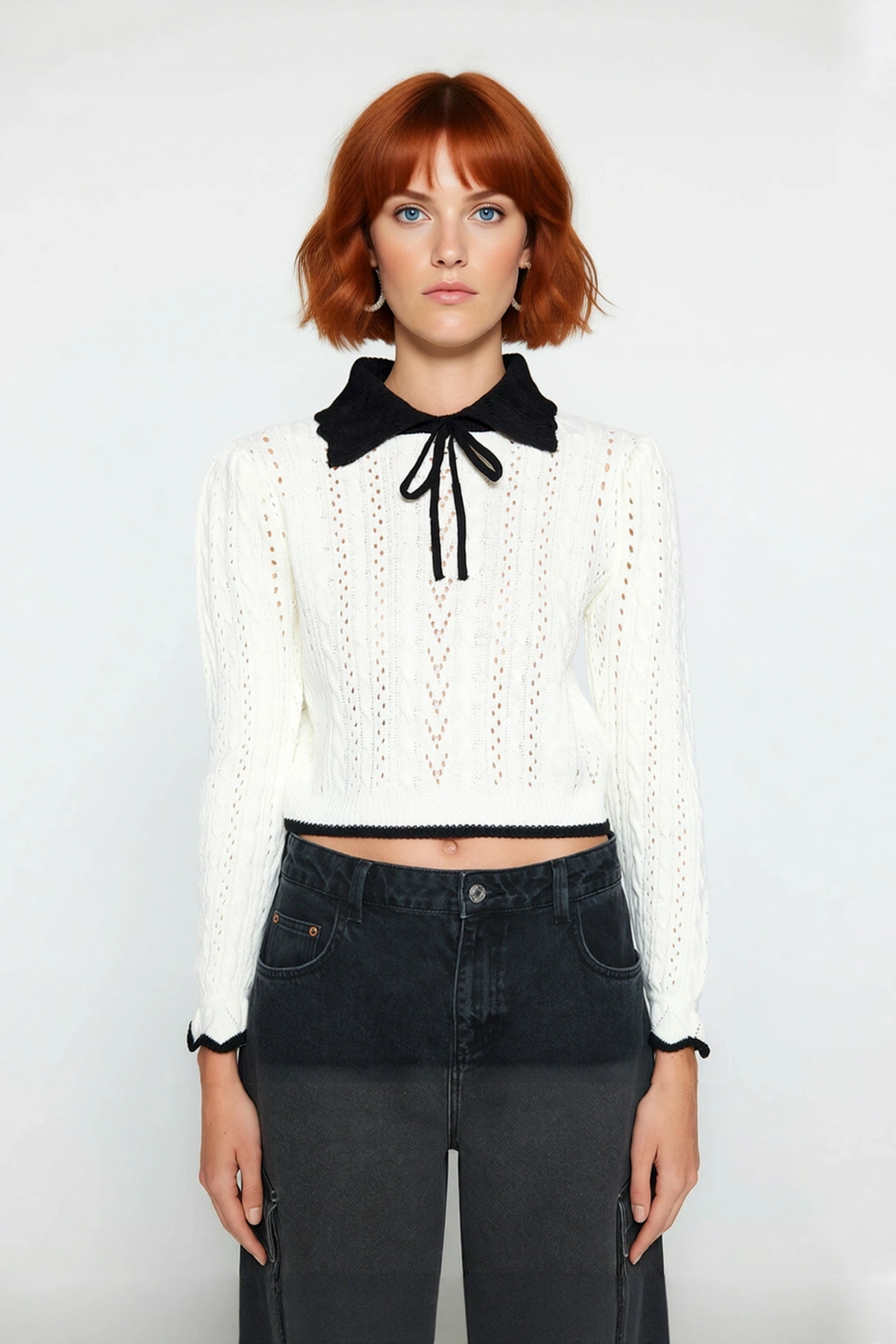 Kadın Ekru Akrilik Ajurlu Triko Kazak Polo Yakalı Fiyonk Detaylı Crop Boy Modern Stil Kaliteli