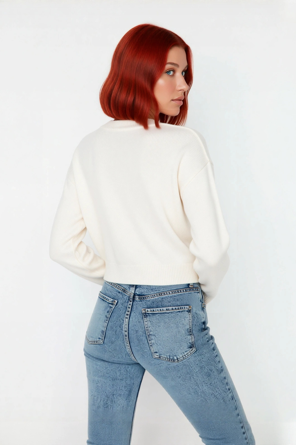 Kadın Basic Bisiklet Yaka Yılbaşı Desenli Crop Triko Kazak Uzun Kollu Kış Sezonu Günlük Stil