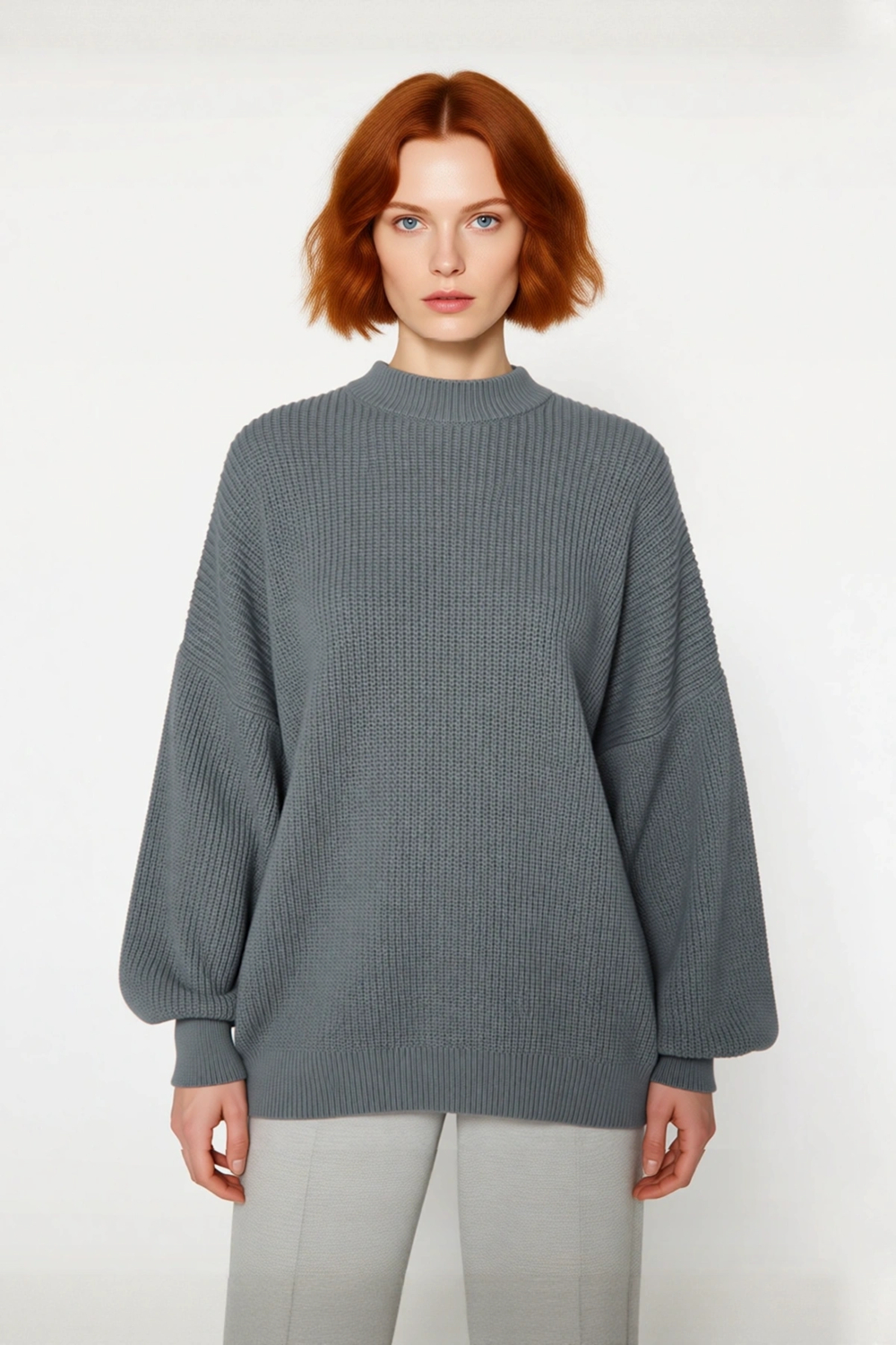 Kadın Oversize Basic Uzun Balon Kol Selanik Dokuma Triko Kazak 100% Akrilik Soğuk Havalar Kaliteli