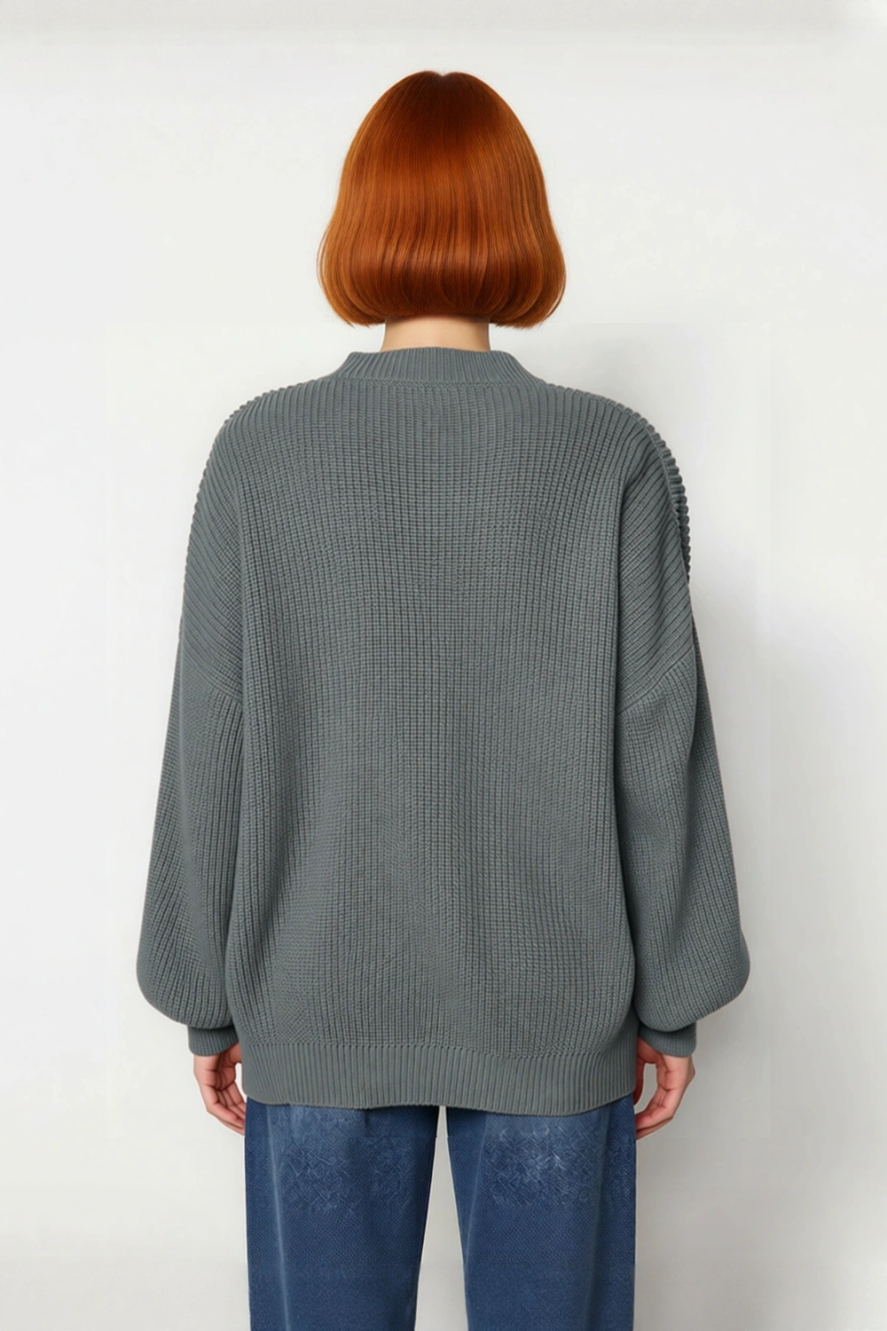 Kadın Oversize Basic Uzun Balon Kol Selanik Dokuma Triko Kazak 100% Akrilik Soğuk Havalar Kaliteli