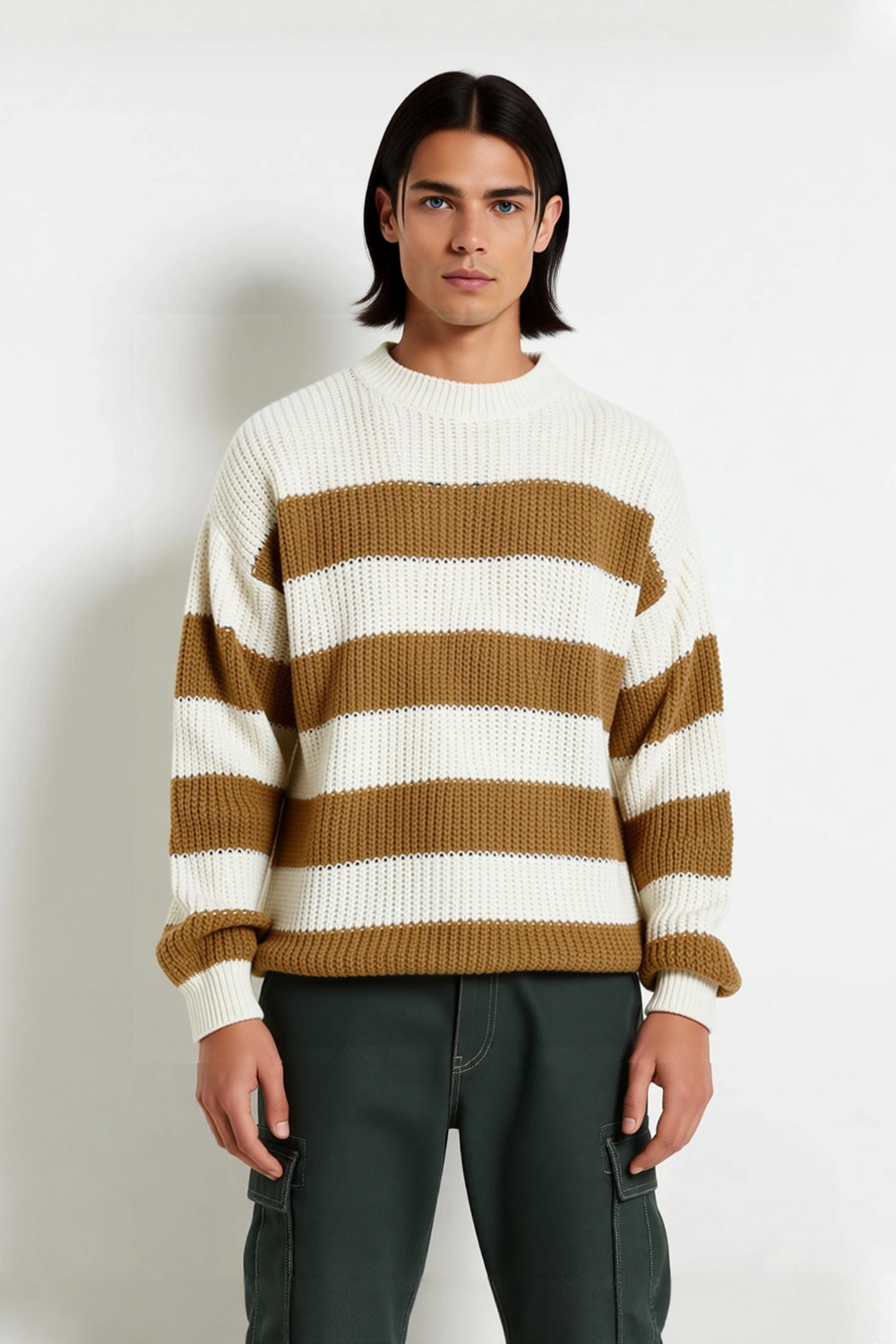 Erkek Basic Koleksiyon Uzun Kollu Rahat Çizgili Bisiklet Yaka Akrilik Oversize Triko Kazak