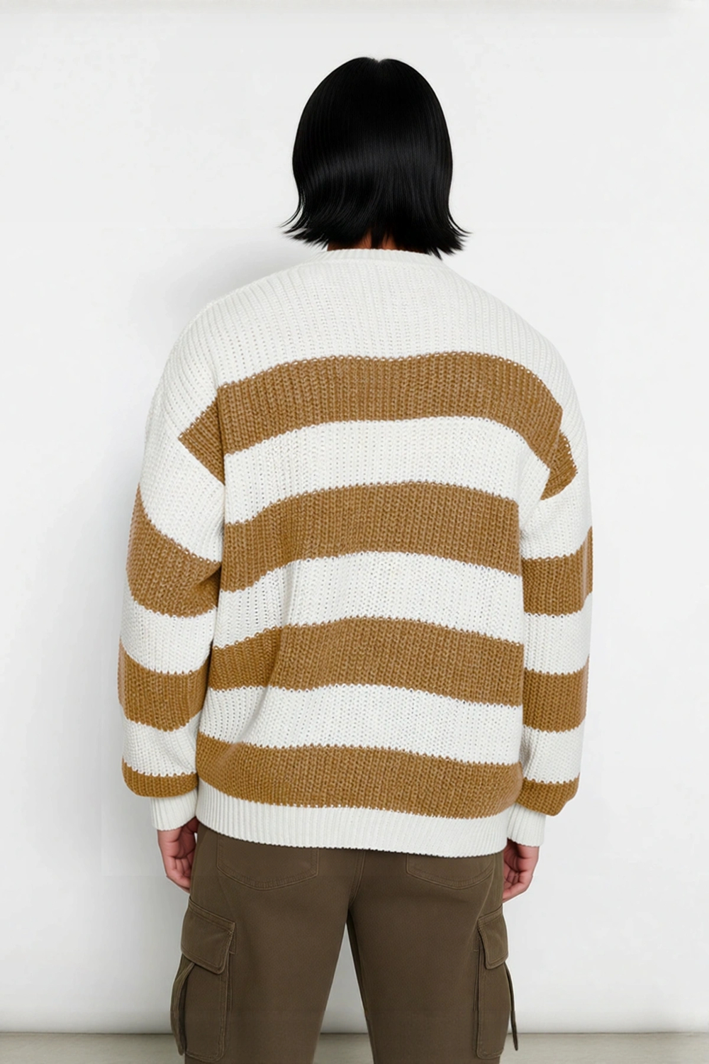 Erkek Basic Koleksiyon Uzun Kollu Rahat Çizgili Bisiklet Yaka Akrilik Oversize Triko Kazak