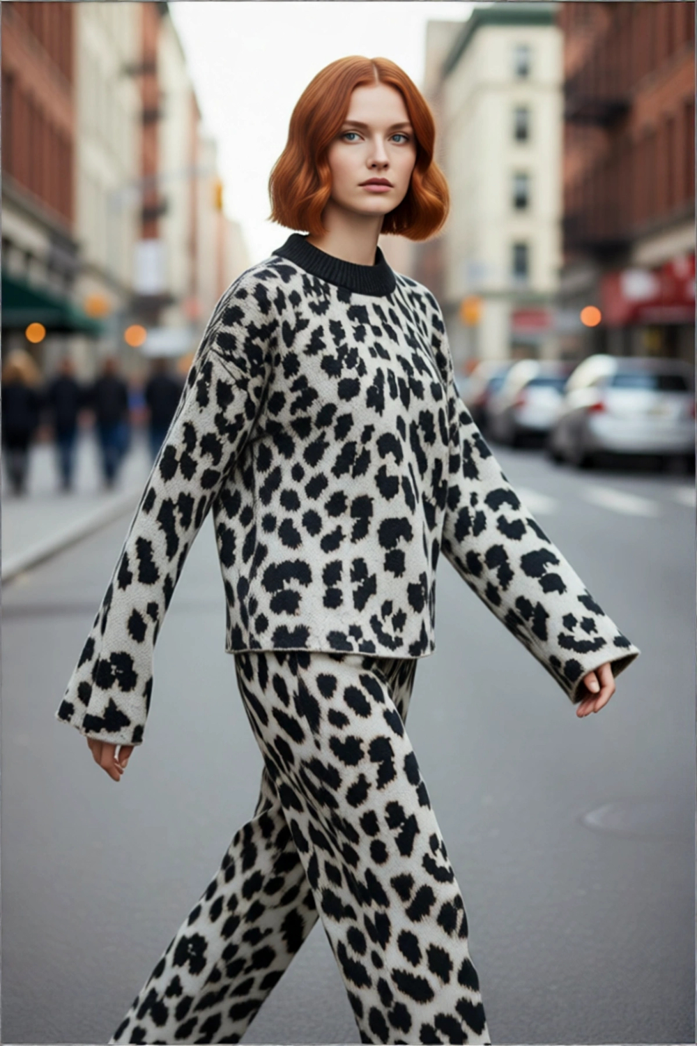Modern Kadın Oversize Triko Leopar Desenli Bisiklet Yaka Kazak Günlük Tarz Soğuk Havalar İçin