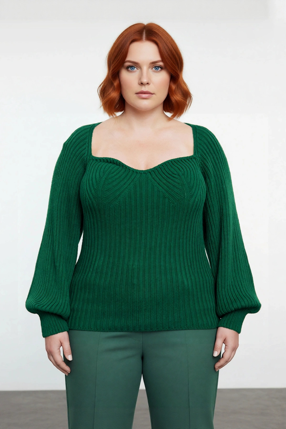 Kadın Modern Kalp Yaka Triko Kazak Fitted Kalıp Uzun Reglan Kol Fitilli Örme Şıklığı Kışa Özel