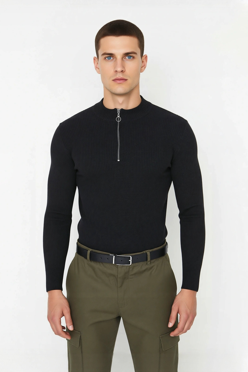 Erkekler İçin Fitted Kesim Fermuar Detaylı Dik Yaka Fitilli Pamuk Polyester Triko Kazak Casual Tarz