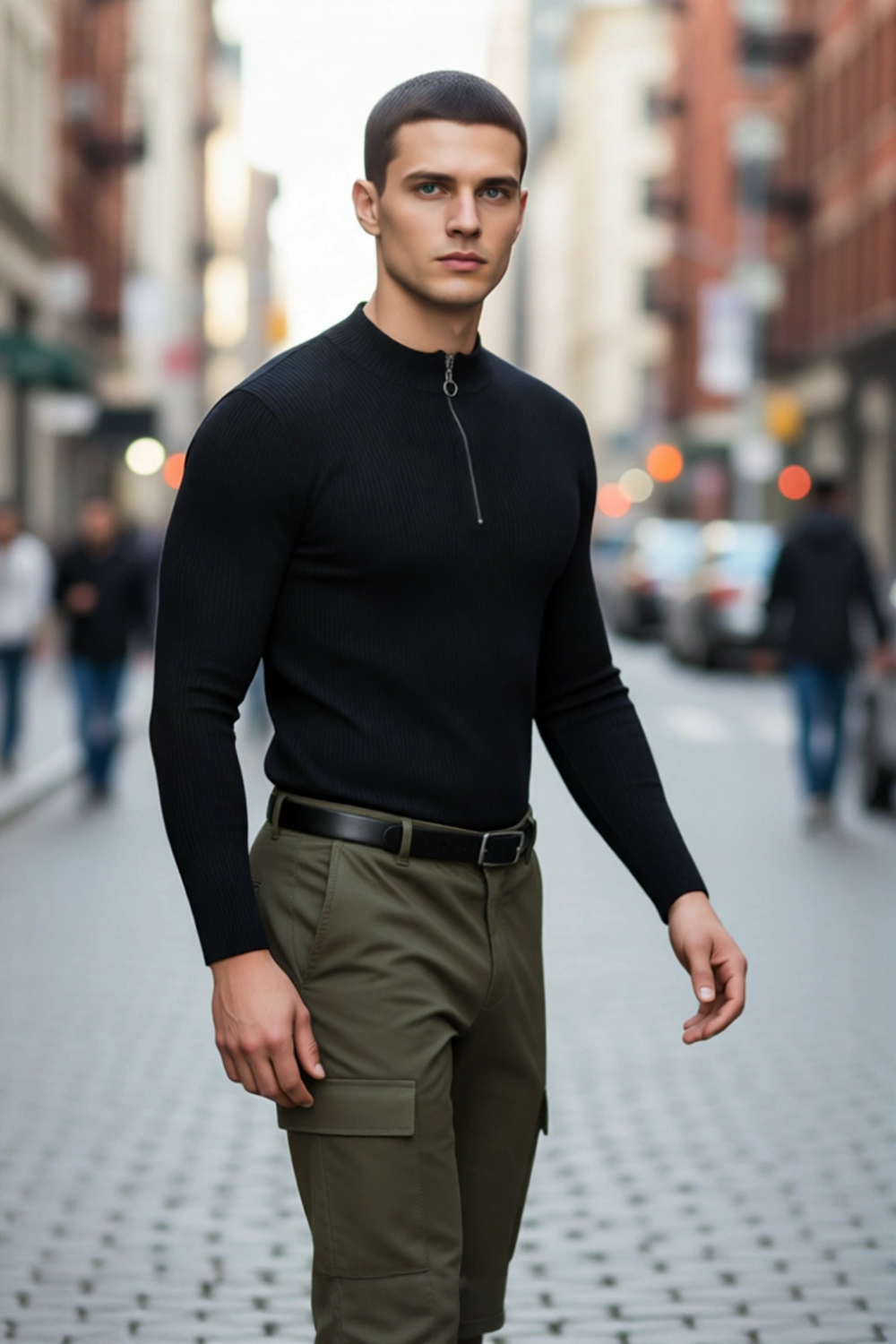 Erkekler İçin Fitted Kesim Fermuar Detaylı Dik Yaka Fitilli Pamuk Polyester Triko Kazak Casual Tarz