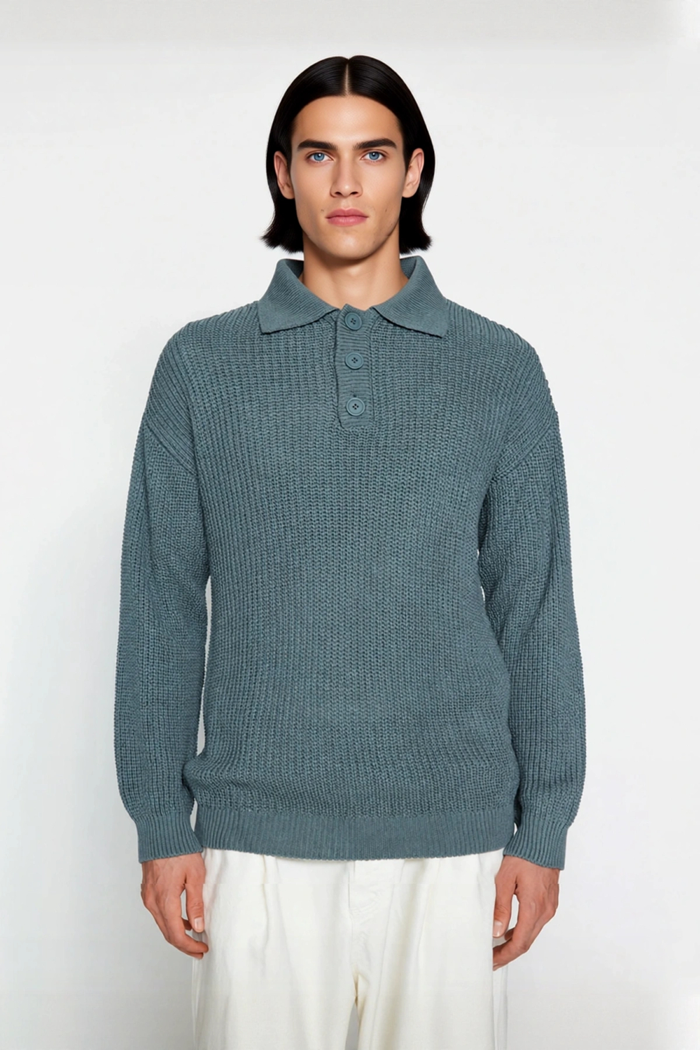 Unisex Rahat Kalıp Polo Yaka Uzun Kol Basic Triko Kazak Günlük Şıklığınızı Tamamlayan Parça