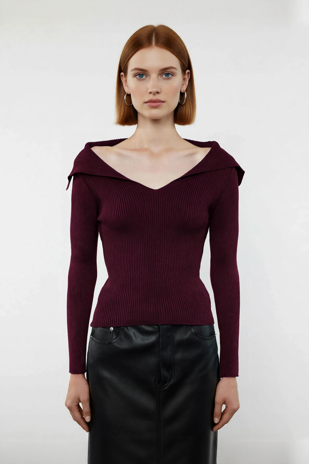 Kadın Şık Devrik Yaka Fitilli Triko Üst Fitted Kesim Uzun Kol Crop Model İlkbahar Sonbahar