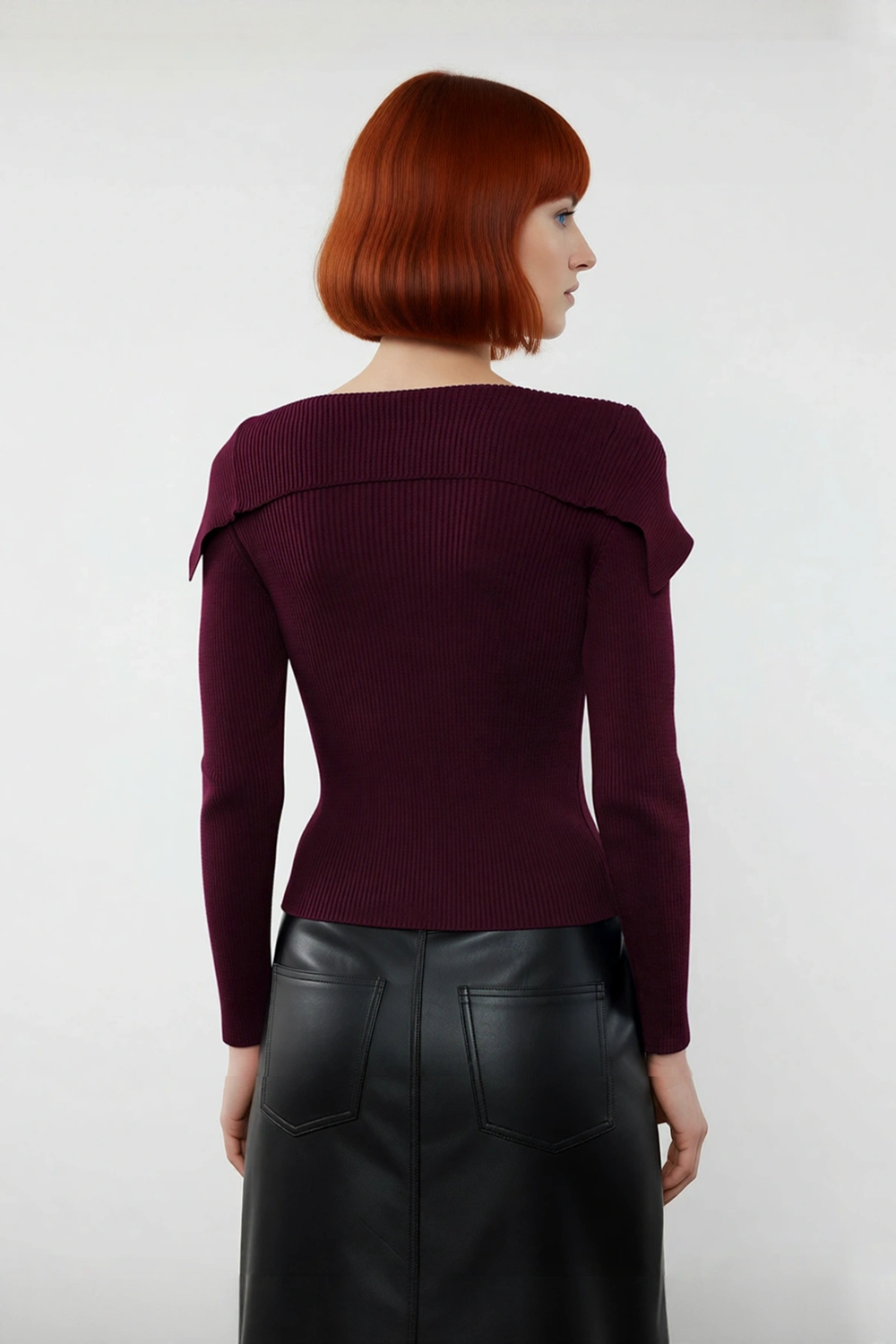 Kadın Şık Devrik Yaka Fitilli Triko Üst Fitted Kesim Uzun Kol Crop Model İlkbahar Sonbahar