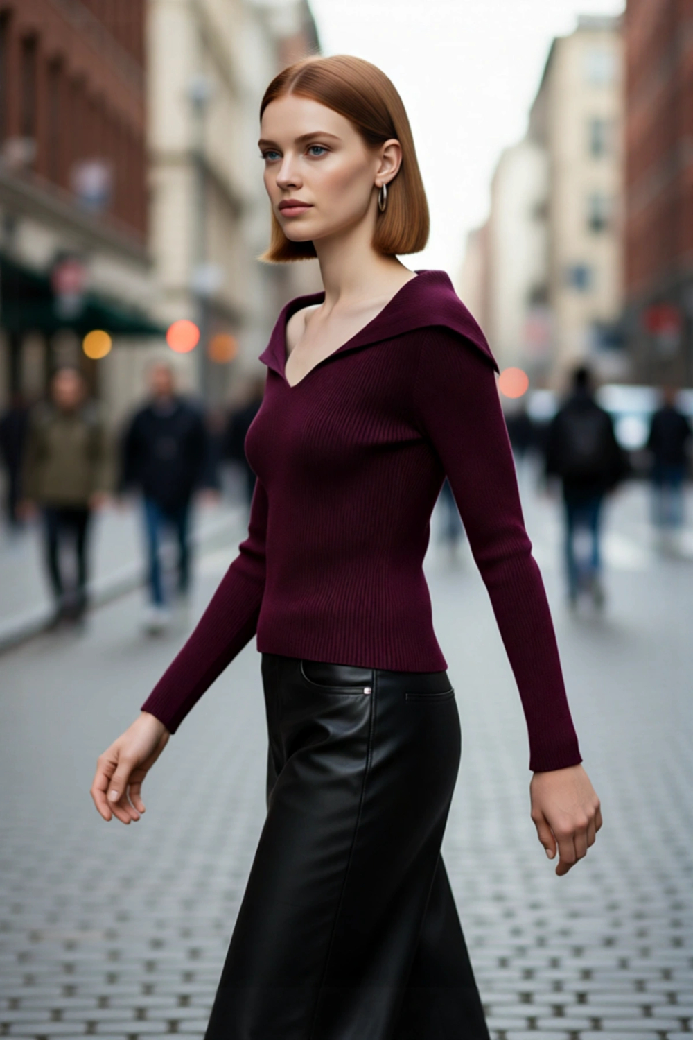 Kadın Şık Devrik Yaka Fitilli Triko Üst Fitted Kesim Uzun Kol Crop Model İlkbahar Sonbahar