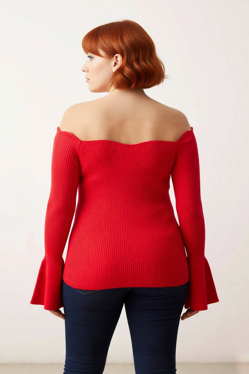 Kadın Triko Carmen Yaka Kazak Fitted Kalıp Fitilli Dokuma Uzun Reglan Kol Şık Bodycone Tasarım