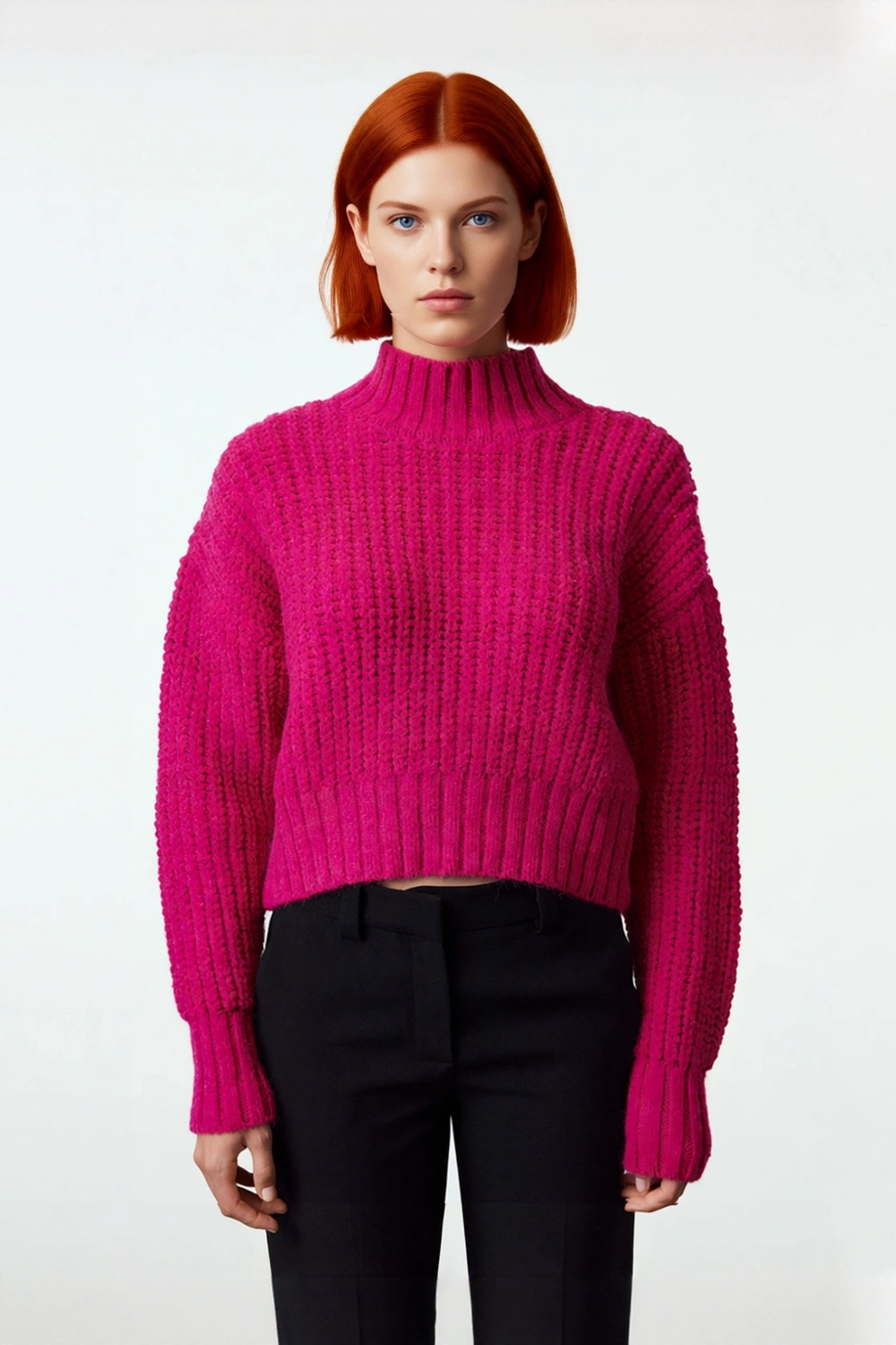 Stil Modern Kadın Crop Standart Kol Dik Yaka Yumuşak Dokulu Basic Kalın Örgü Detaylı Triko Kazak