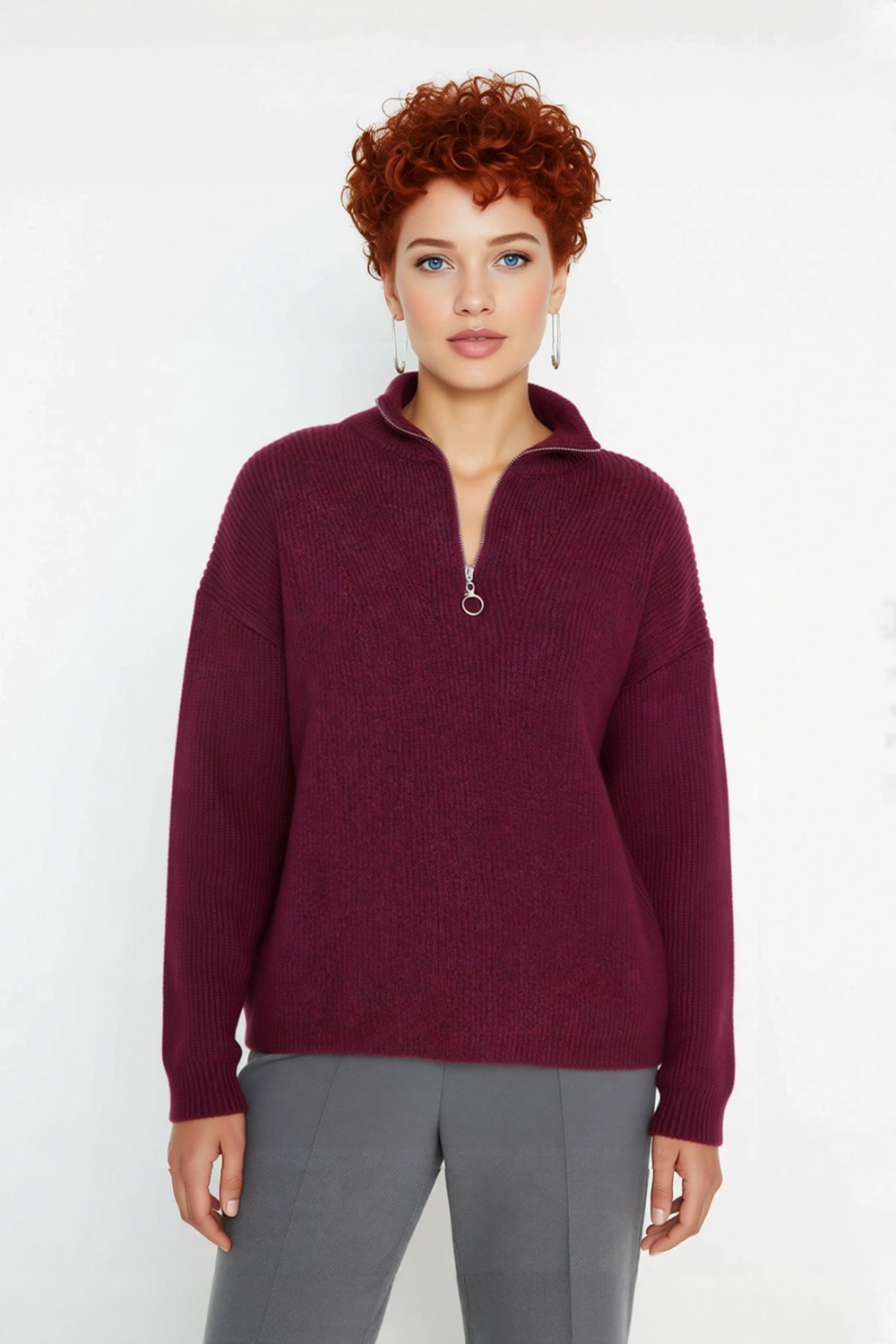 Kadın Oversize Basic Dokulu Uzun Kollu Fermuarlı Dik Yaka Selanik Örgü Triko Kazak Kaliteli