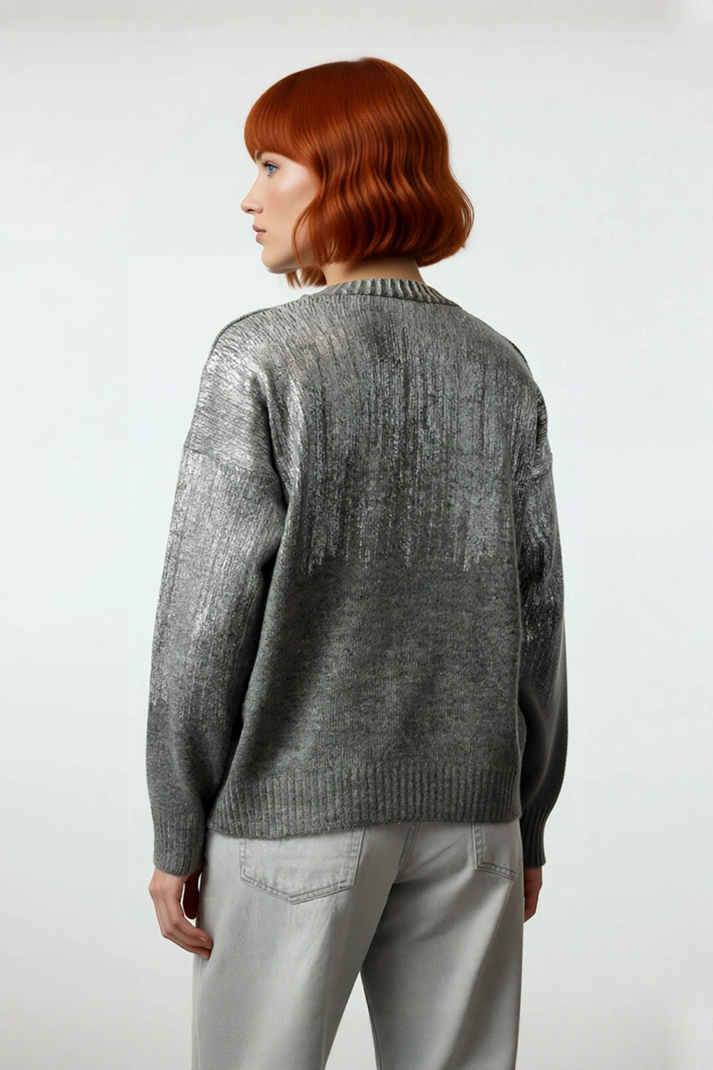 Kadın Oversize Düşük Kol Triko Bisiklet Yaka Gri Metalik Yansımalı Kışlık Kazak Modeli Kaliteli