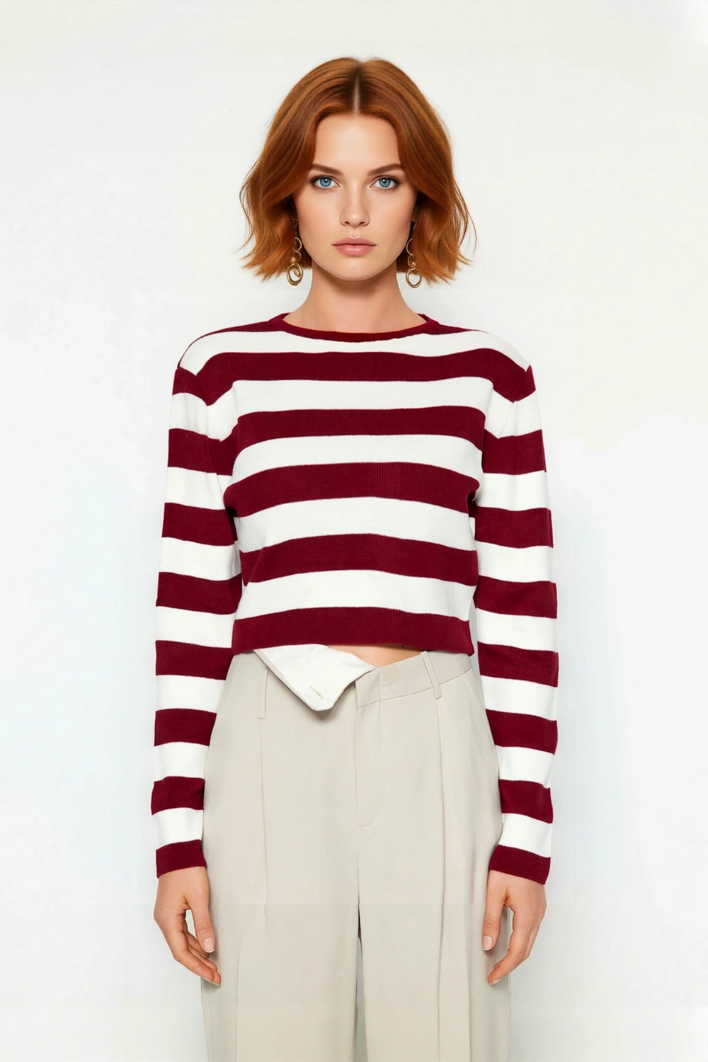 Kadın Fitted Bisiklet Yaka Super Crop Çizgili Triko Kazak İlkbahar Sonbahar Casual Tarz İçin Ideal