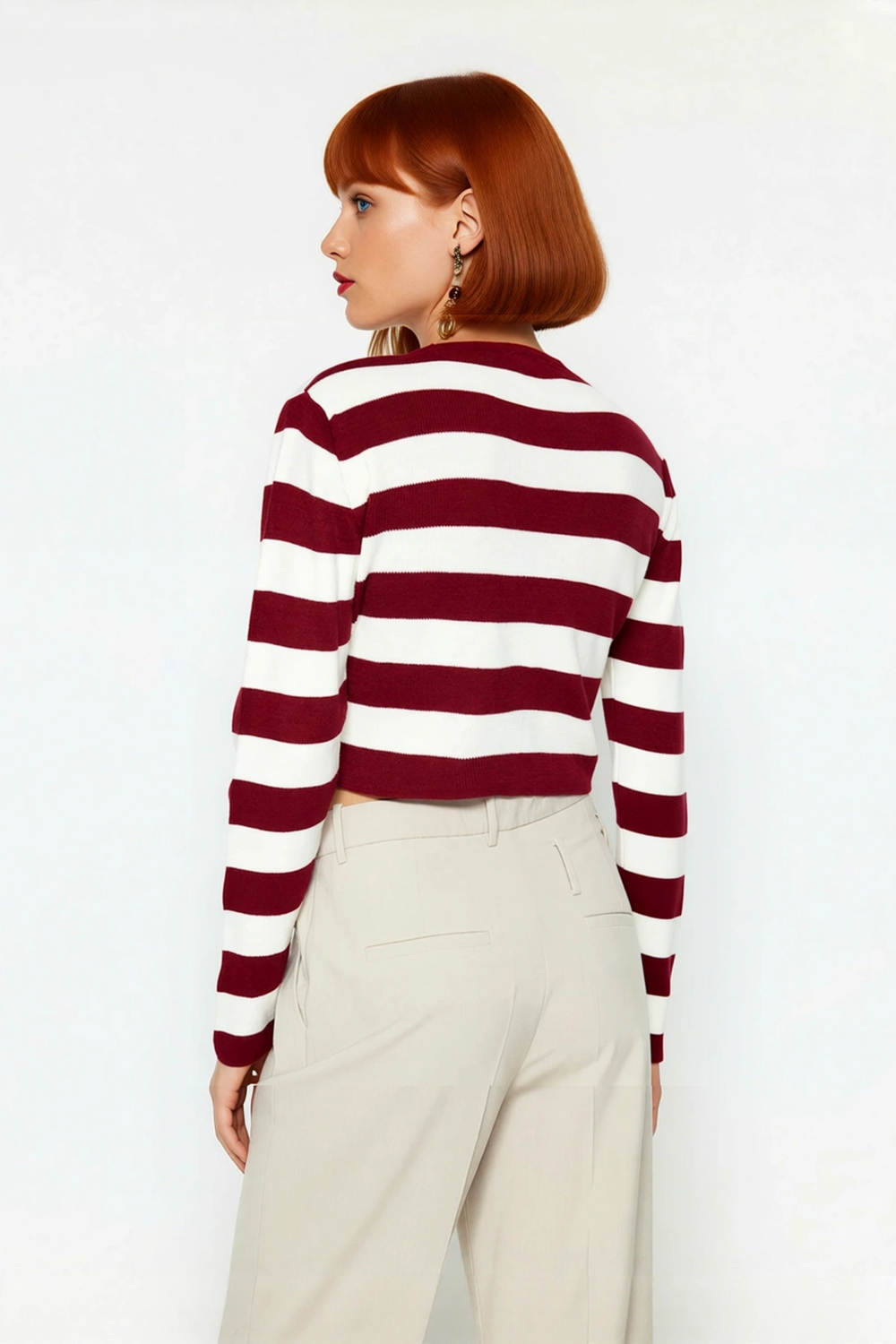 Kadın Fitted Bisiklet Yaka Super Crop Çizgili Triko Kazak İlkbahar Sonbahar Casual Tarz İçin Ideal