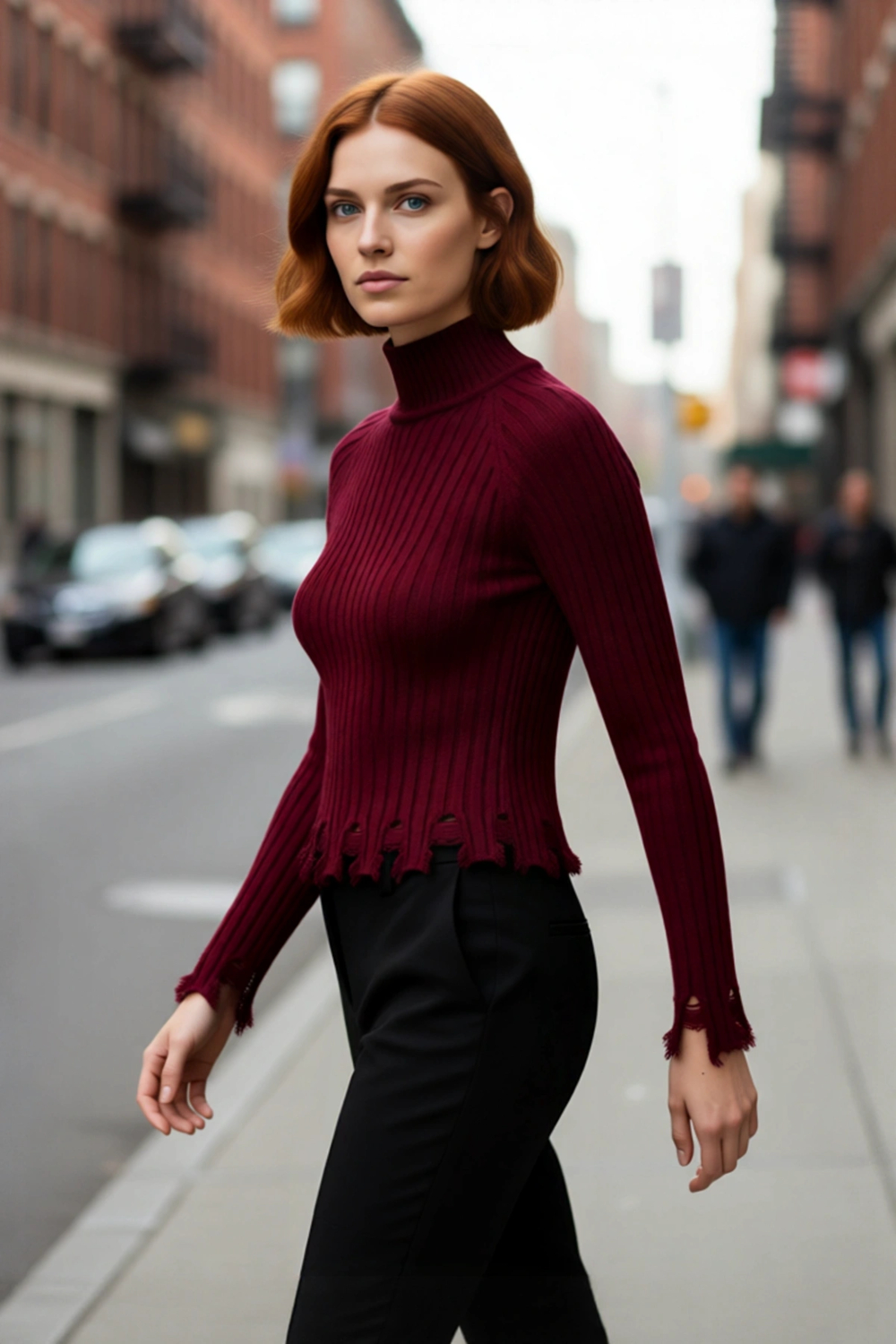 Kadınlara Özel Fitted Kesimli Crop Dik Yaka Uzun Kollu Fitilli Triko Kazak Günlük Stil İçin