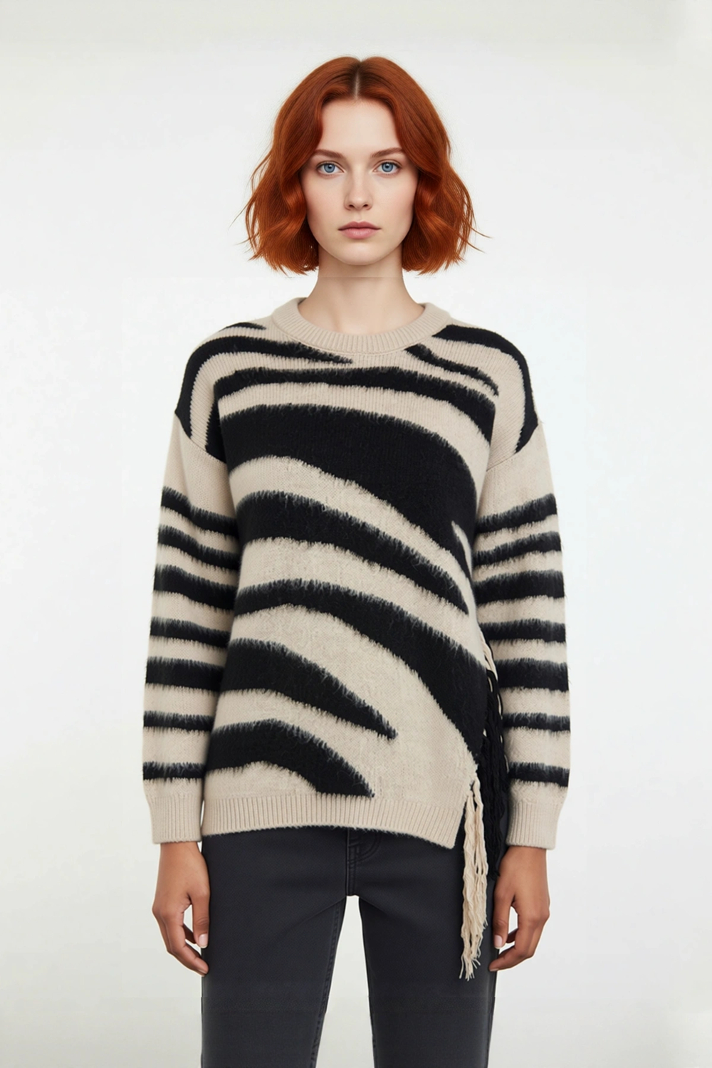 Kadın Düşük Kollu Oversize Bisiklet Yaka Zebra Desenli Triko Kazak Soğuk Havalara Özel Kaliteli