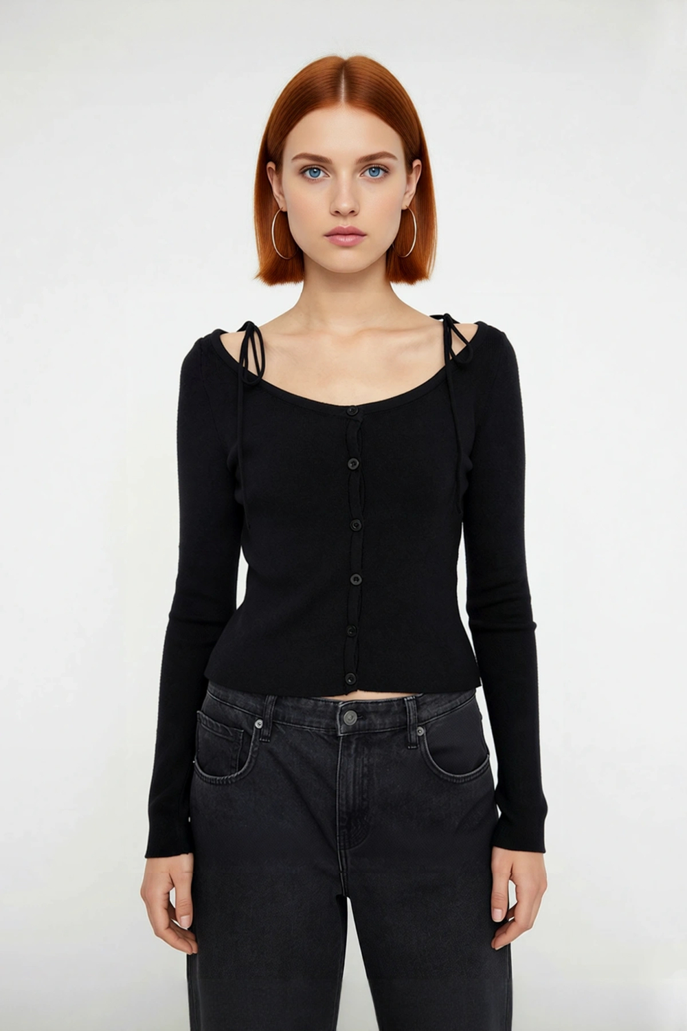 Kadın Fitted Düşük Kol Uzun Kollu Kayık Yaka Crop İnce Triko Hırka Siyah Modern Basic Şık Kombinler