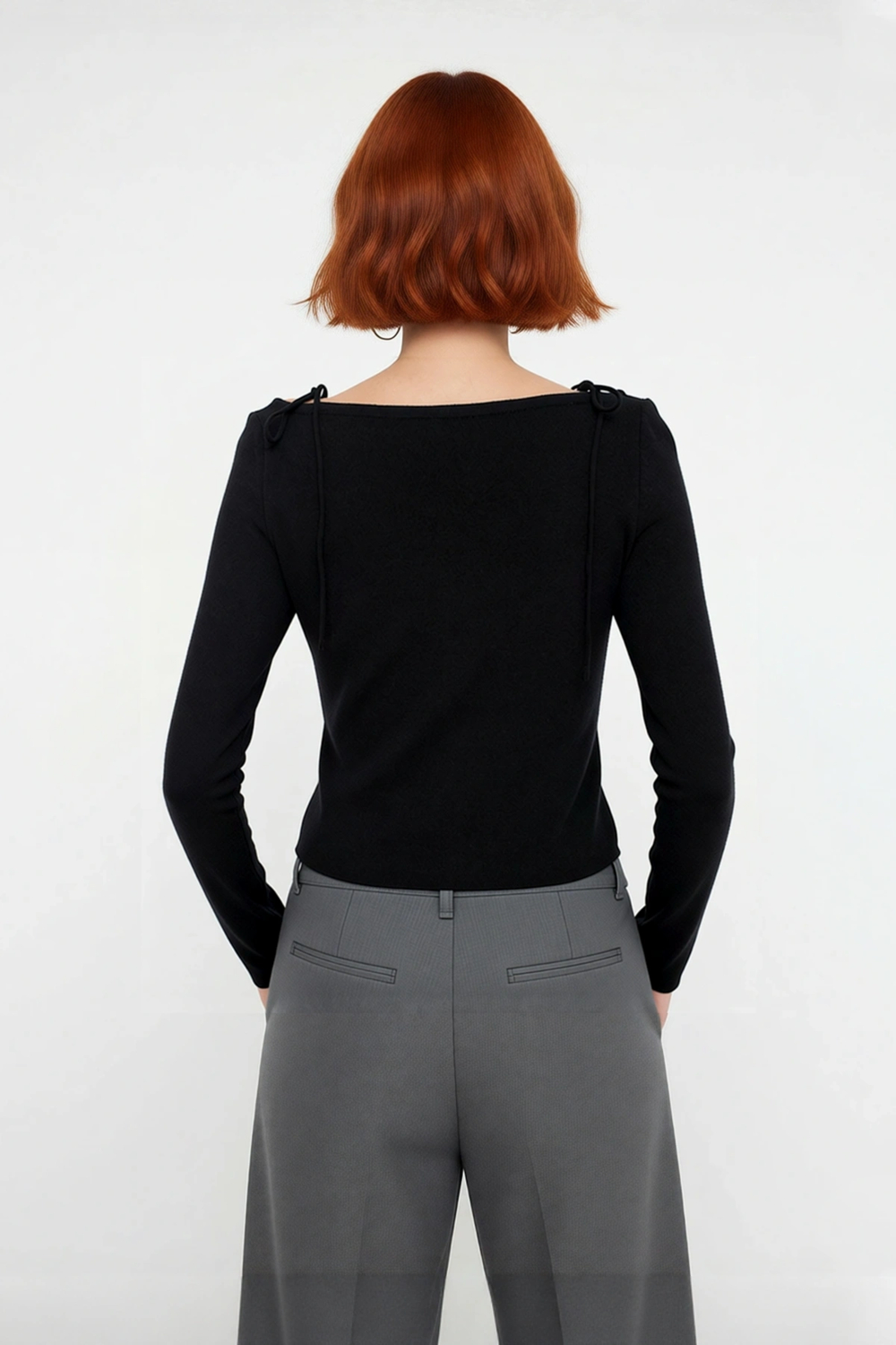 Kadın Fitted Düşük Kol Uzun Kollu Kayık Yaka Crop İnce Triko Hırka Siyah Modern Basic Şık Kombinler