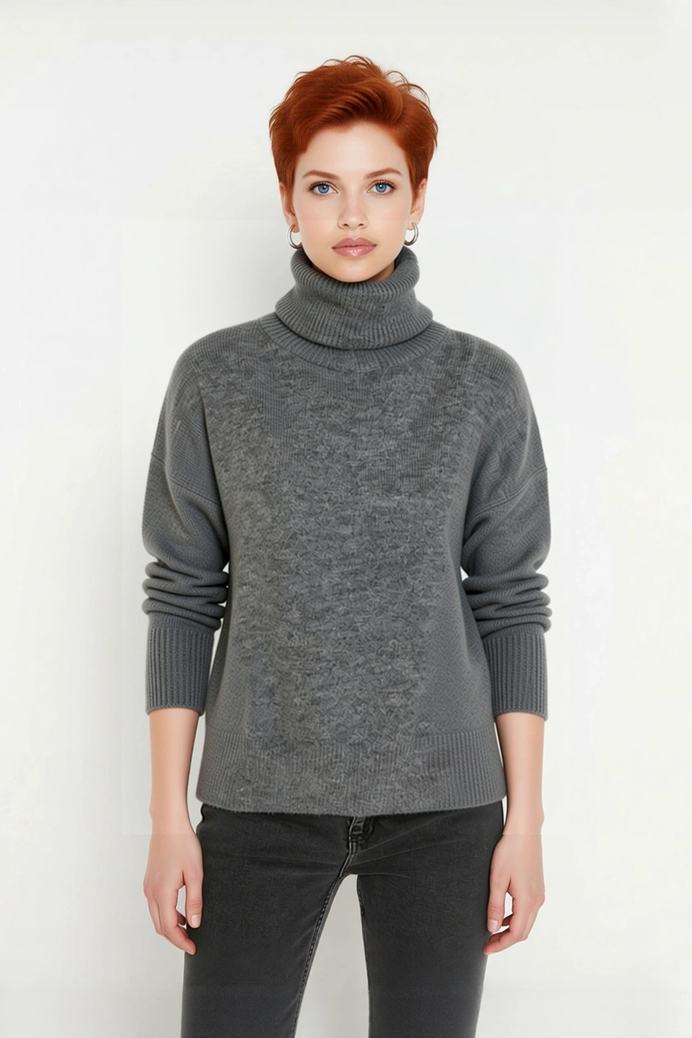 Kadın Oversize Kalıp Düz Balıkçı Yaka Triko Kazak Uzun Düşük Kol Günlük Basic Giyim Şıklığı