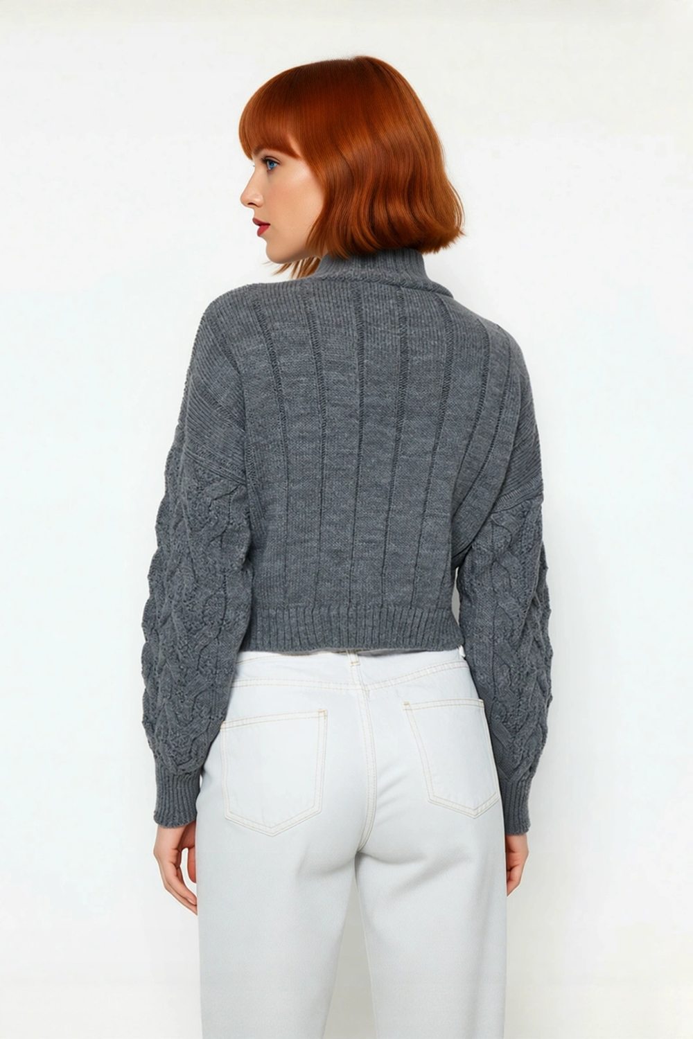 Kadın Oversize Balon Kol Dik Yaka Saç Örgü Crop Akrilik Triko Kazak Kış Modasına Uyumlu Kaliteli