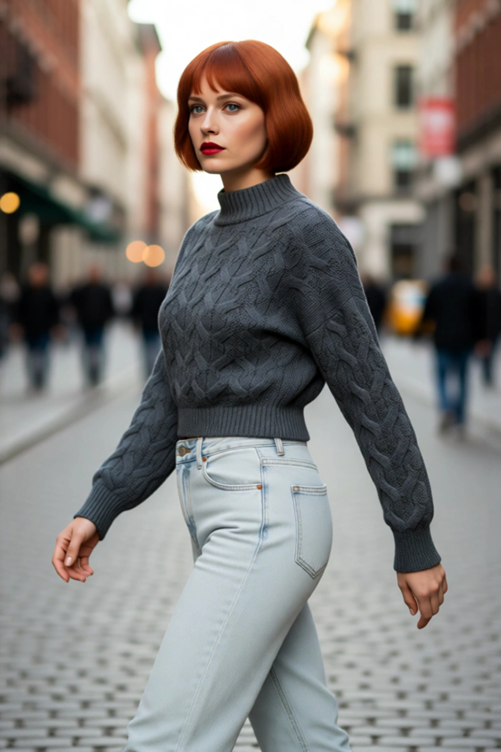Kadın Oversize Balon Kol Dik Yaka Saç Örgü Crop Akrilik Triko Kazak Kış Modasına Uyumlu Kaliteli