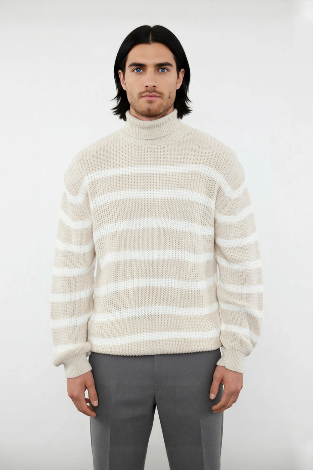 Stil Modern Erkek Regular Düşük Kol Balıkçı Yaka Casual Çizgili Triko Kazak