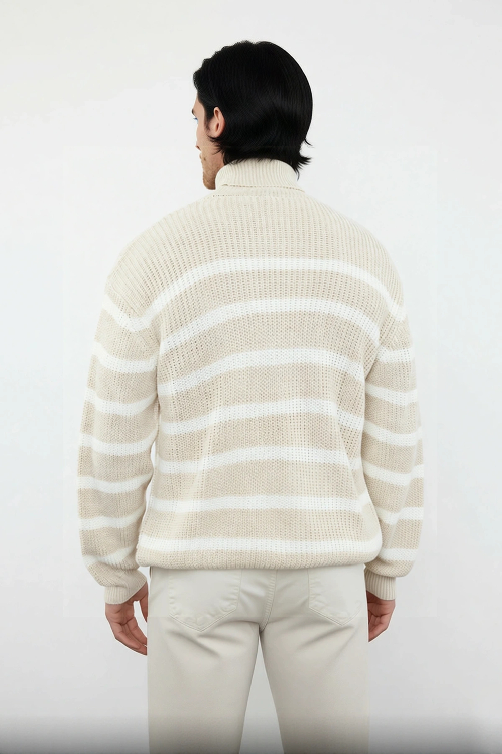 Stil Modern Erkek Regular Düşük Kol Balıkçı Yaka Casual Çizgili Triko Kazak