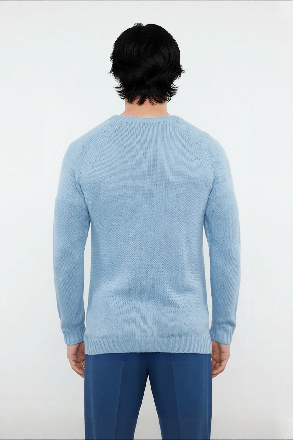 Erkek Mavi Fitted Akrilik Bisiklet Yaka Reglan Kol Basic Triko Kazak Günlük Şıklık Konforu