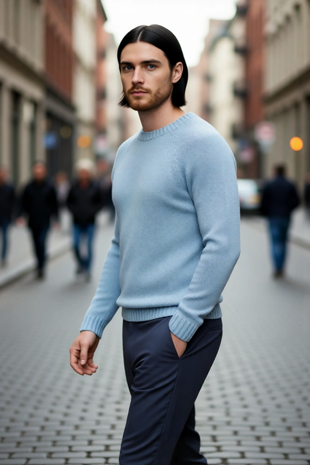 Erkek Mavi Fitted Akrilik Bisiklet Yaka Reglan Kol Basic Triko Kazak Günlük Şıklık Konforu