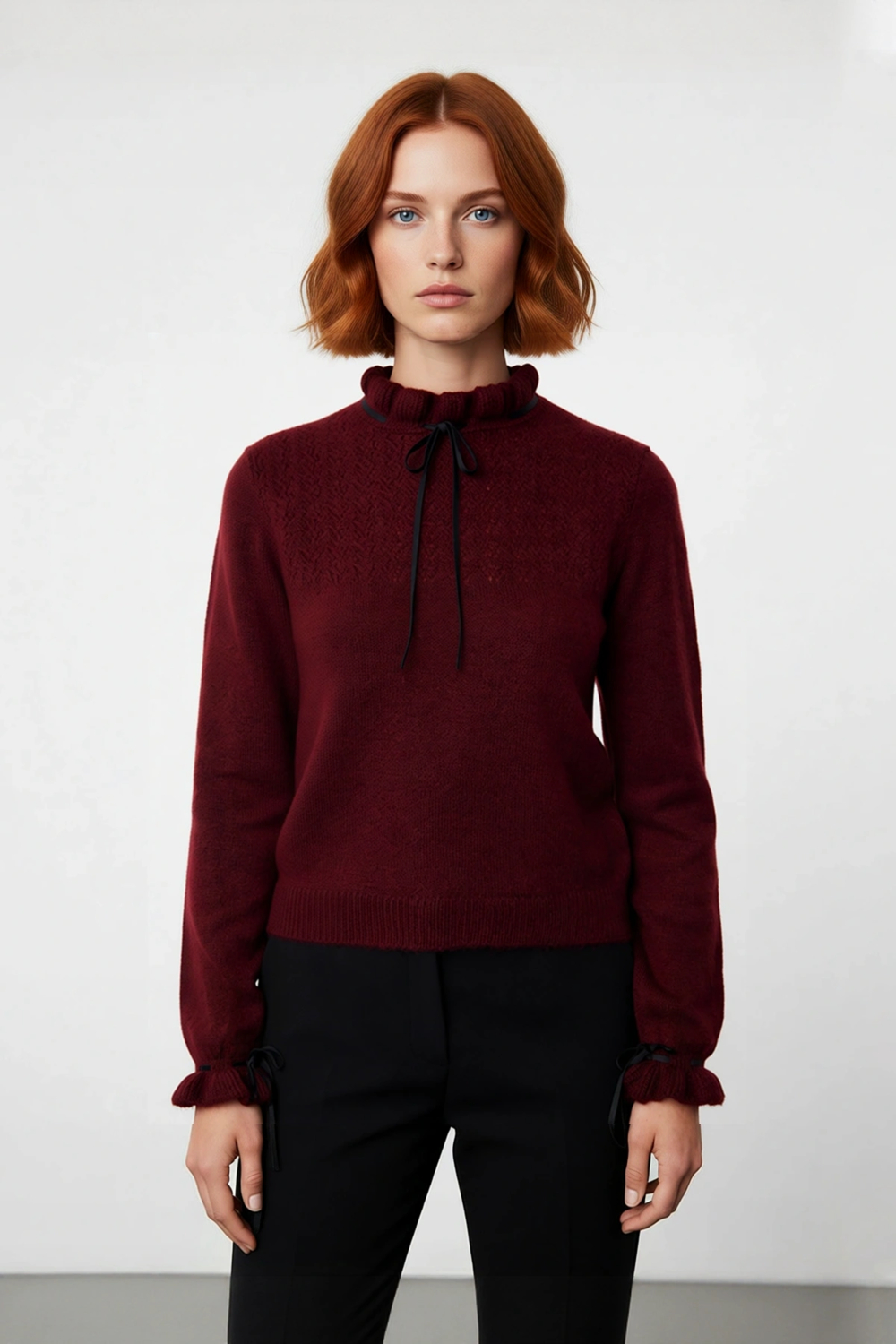 Kadın Uzun Kollu Regular Kesim Dik Yaka Ajur Desenli Bağcıklı Triko Kazak Kışlık Basic Stil