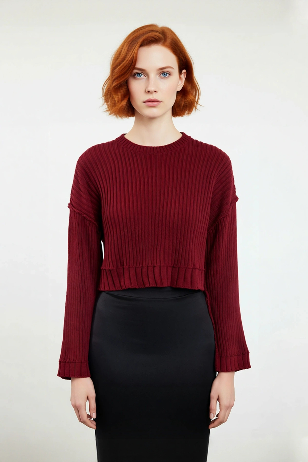 Kadın Bordo Oversize Kesim Fitilli Triko Crop Kazak Uzun Kollu Bisiklet Yaka Günlük Şıklık