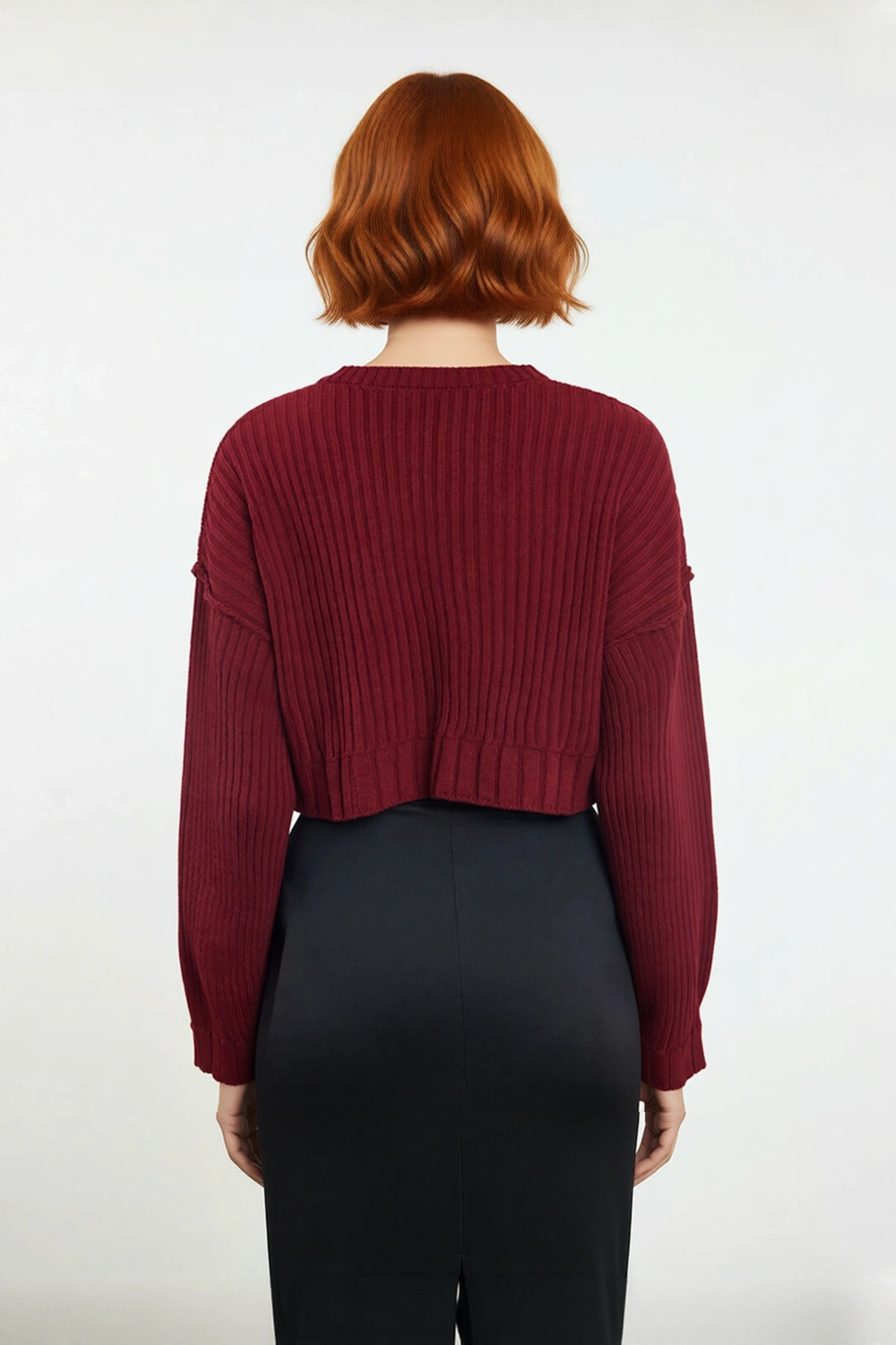 Kadın Bordo Oversize Kesim Fitilli Triko Crop Kazak Uzun Kollu Bisiklet Yaka Günlük Şıklık
